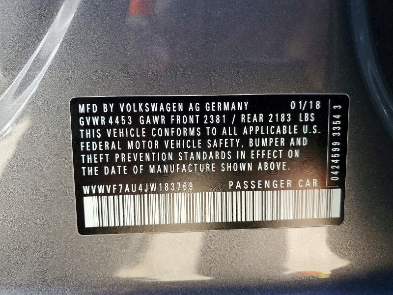 72578505 :رقم المزاد ، WVWVF7AU4JW183769 vin ، 2018 Volkswagen Golf R مزاد بيع