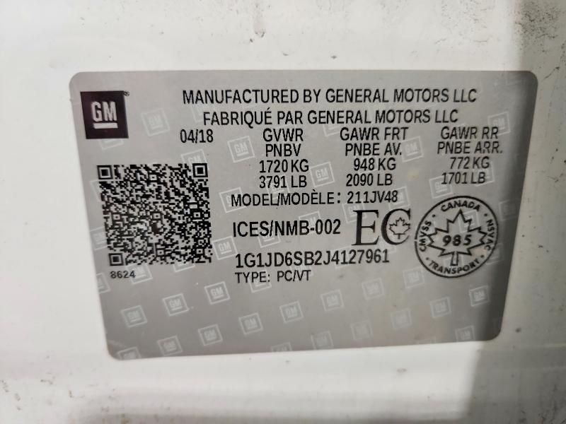2018 Chevrolet Sonic მანქანა იყიდება აუქციონზე, vin: 1G1JD6SB2J4127961, აუქციონის ნომერი: 72591695