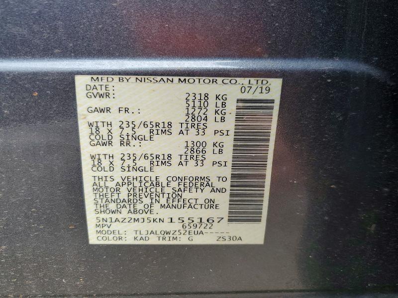 Продажа на аукционе авто 2019 Nissan Murano S, vin: 5N1AZ2MJ5KN155167, номер лота: 72329415