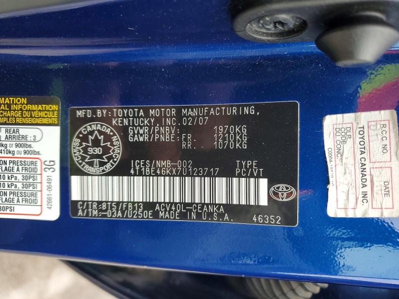2007 Toyota Camry მანქანა იყიდება აუქციონზე, vin: 4T1BE46KX7U123717, აუქციონის ნომერი: 95692025