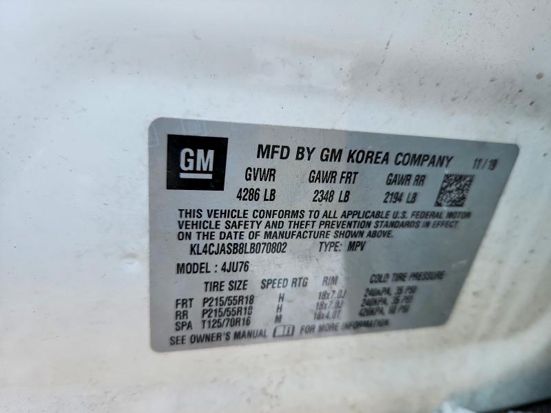 2020 Buick Encore მანქანა იყიდება აუქციონზე, vin: KL4CJASB8LB070802, აუქციონის ნომერი: 75054745