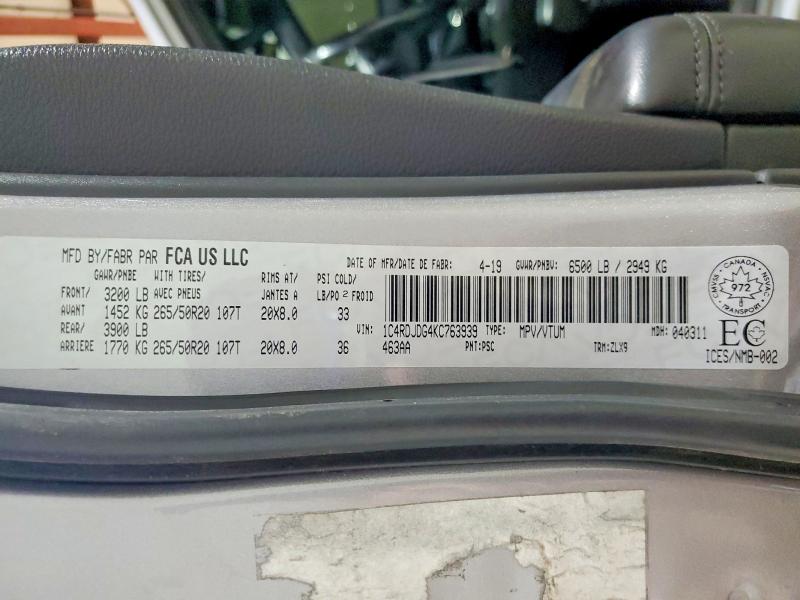 Aukcja sprzedaży 2019 Dodge Durango, vin: 1C4RDJDG4KC763939, numer aukcji: 73591125