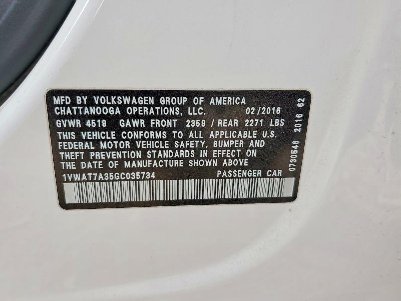 Auction sale of the 2016 Volkswagen Passat, vin: 1VWAT7A35GC035734, lot number: 98956355