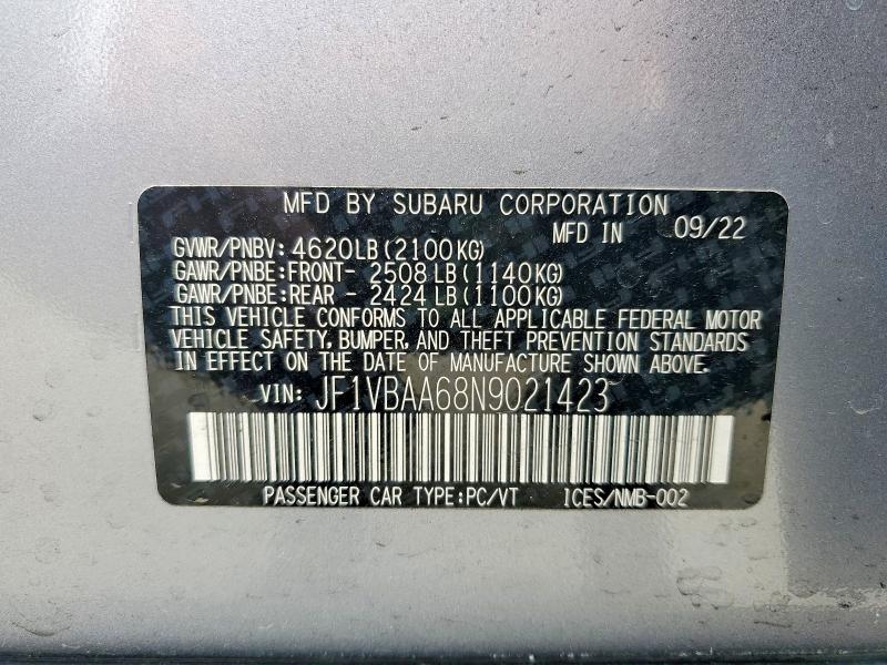 Aukcja sprzedaży 2022 Subaru Wrx, vin: JF1VBAA68N9021423, numer aukcji: 73749515