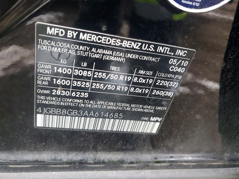 Aukcja sprzedaży 2010 Mercedes-benz Ml, vin: 4JGBB8GB3AA614685, numer aukcji: 99463395