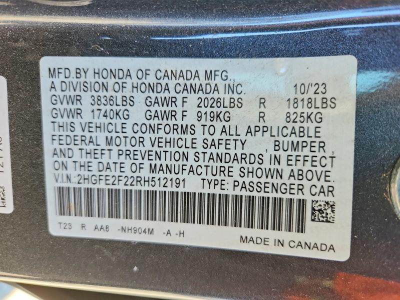 Продаж на аукціоні авто 2024 Honda Civic, vin: 2HGFE2F22RH512191, номер лоту: 73188145