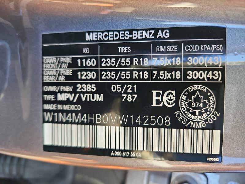 73144105 :رقم المزاد ، W1N4M4HB0MW142508 vin ، 2021 Mercedes-benz Glb مزاد بيع