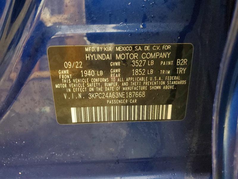 Aukcja sprzedaży 2022 Hyundai Accent, vin: 3KPC24A63NE187668, numer aukcji: 99124225
