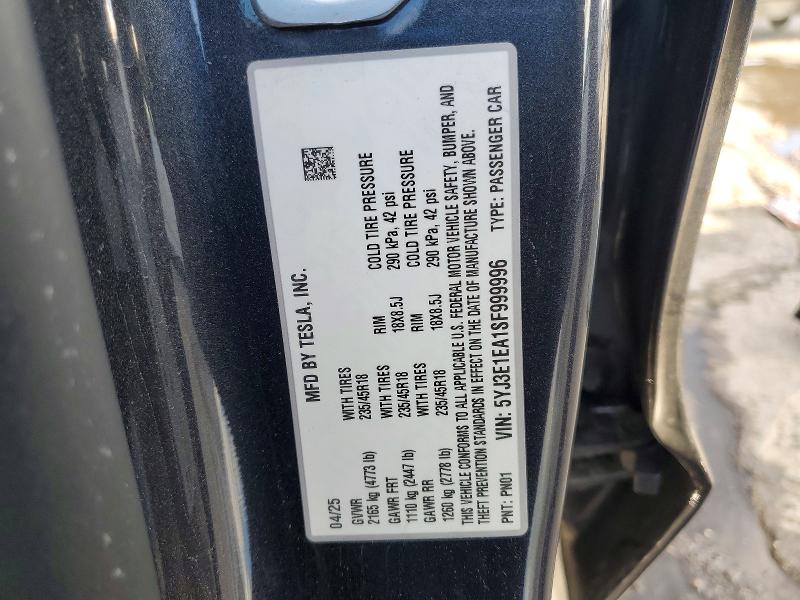 99856775 :رقم المزاد ، 5YJ3E1EA1SF999996 vin ، 2025 Tesla Model 3 مزاد بيع