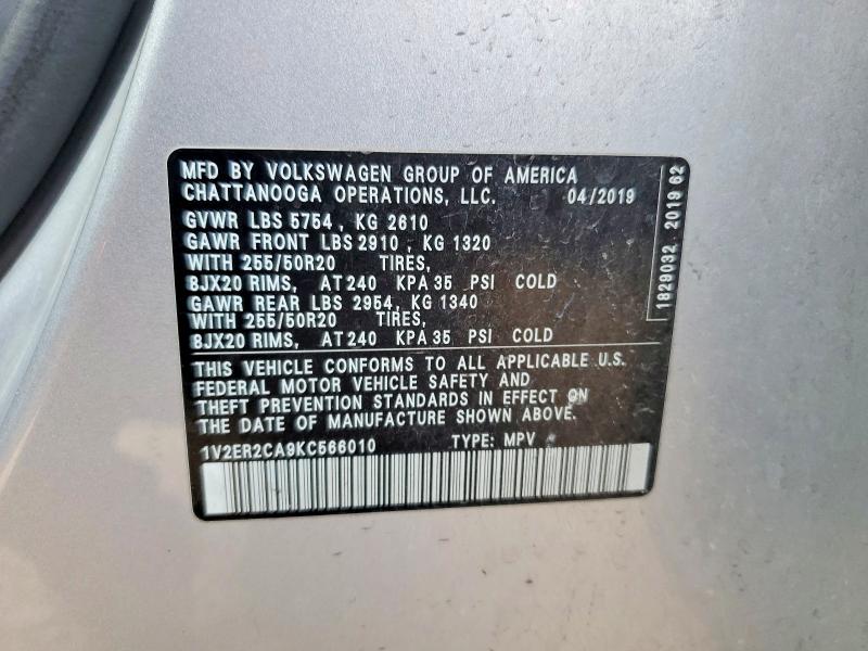 2019 Volkswagen Atlas მანქანა იყიდება აუქციონზე, vin: 1V2ER2CA9KC566010, აუქციონის ნომერი: 74304625