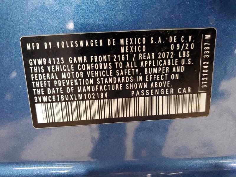 2020 Volkswagen Jetta მანქანა იყიდება აუქციონზე, vin: 3VWC57BUXLM102184, აუქციონის ნომერი: 72199205