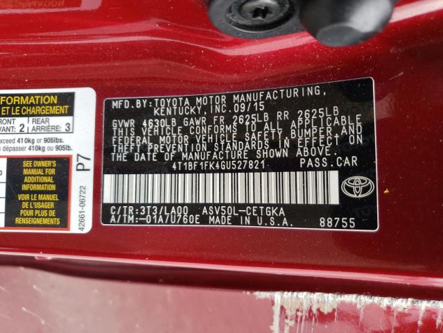 Продаж на аукціоні авто 2016 Toyota Camry Le, vin: 4T1BF1FK4GU527821, номер лоту: 43758894