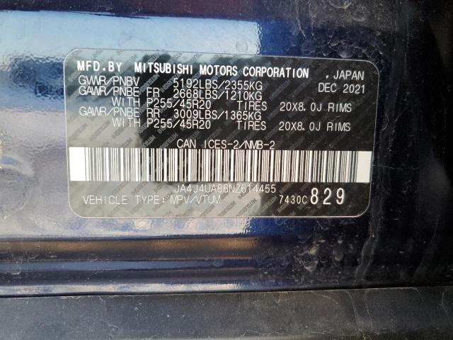 43105344 :رقم المزاد ، JA4J4UA86NZ614455 vin ، 2022 Mitsubishi Outlander Se مزاد بيع