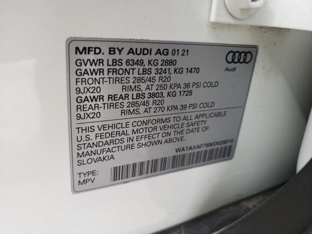 2021 Audi Q7 Premium მანქანა იყიდება აუქციონზე, vin: WA1AXAF76MD028310, აუქციონის ნომერი: 42458524