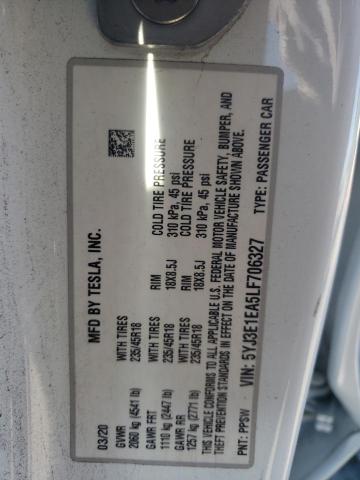 Продажа на аукционе авто 2020 Tesla Model 3, vin: 5YJ3E1EA5LF706327, номер лота: 43658164