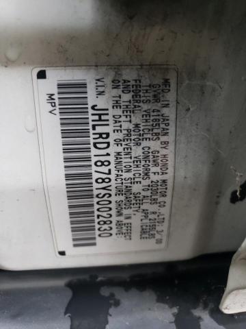 2000 Honda Cr-v Se მანქანა იყიდება აუქციონზე, vin: JHLRD1878YS002830, აუქციონის ნომერი: 43494124