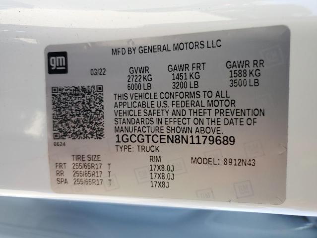 43842724 :رقم المزاد ، 1GCGTCEN8N1179689 vin ، 2022 Chevrolet Colorado Lt مزاد بيع
