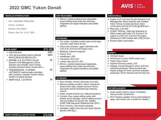 2022 Gmc Yukon Dena მანქანა იყიდება აუქციონზე, vin: 1GKS2DKL7NR227680, აუქციონის ნომერი: 43799324