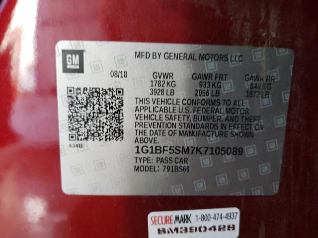 41916044 :رقم المزاد ، 1G1BF5SM7K7105089 vin ، 2019 Chevrolet Cruze Premier مزاد بيع