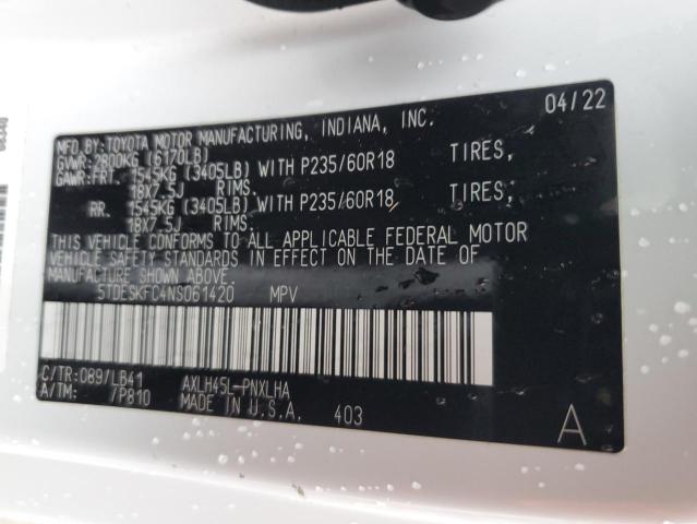Продажа на аукционе авто 2022 Toyota Sienna Limited, vin: 5TDESKFC4NS061420, номер лота: 43736054