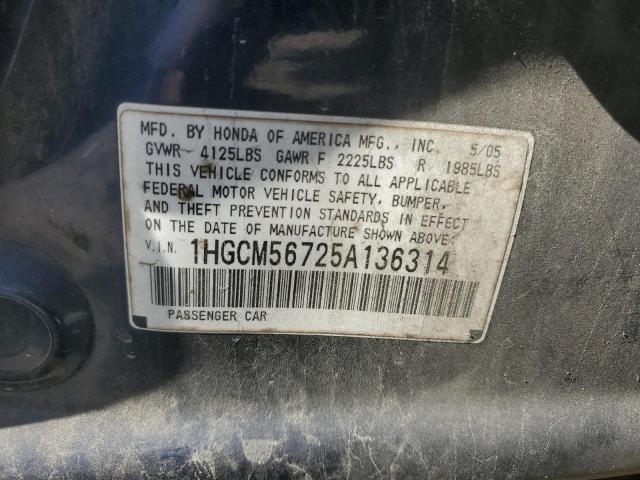 Aukcja sprzedaży 2005 Honda Accord Ex, vin: 1HGCM56725A136314, numer aukcji: 43251234