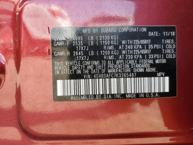 43226434 :رقم المزاد ، 4S4BSAFC7K3265487 vin ، 2019 Subaru Outback 2.5i Premium مزاد بيع