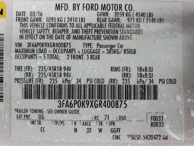 Aukcja sprzedaży 2016 Ford Fusion Titanium, vin: 3FA6P0K9XGR400875, numer aukcji: 45100314