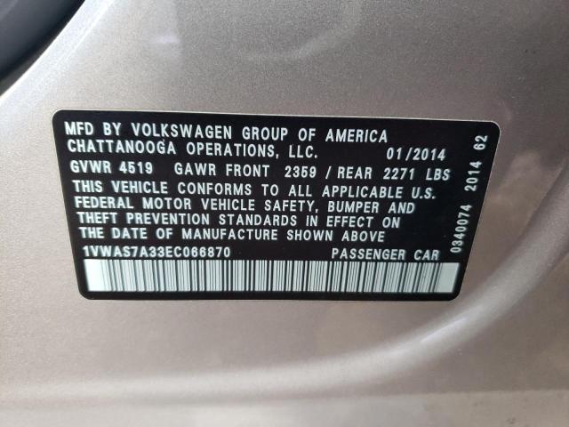 43539604 :رقم المزاد ، 1VWAS7A33EC066870 vin ، 2014 Volkswagen Passat S مزاد بيع