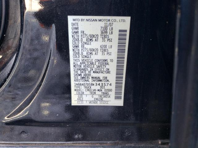 2008 Nissan Titan Xe მანქანა იყიდება აუქციონზე, vin: 1N6BA07D58N343574, აუქციონის ნომერი: 42824344