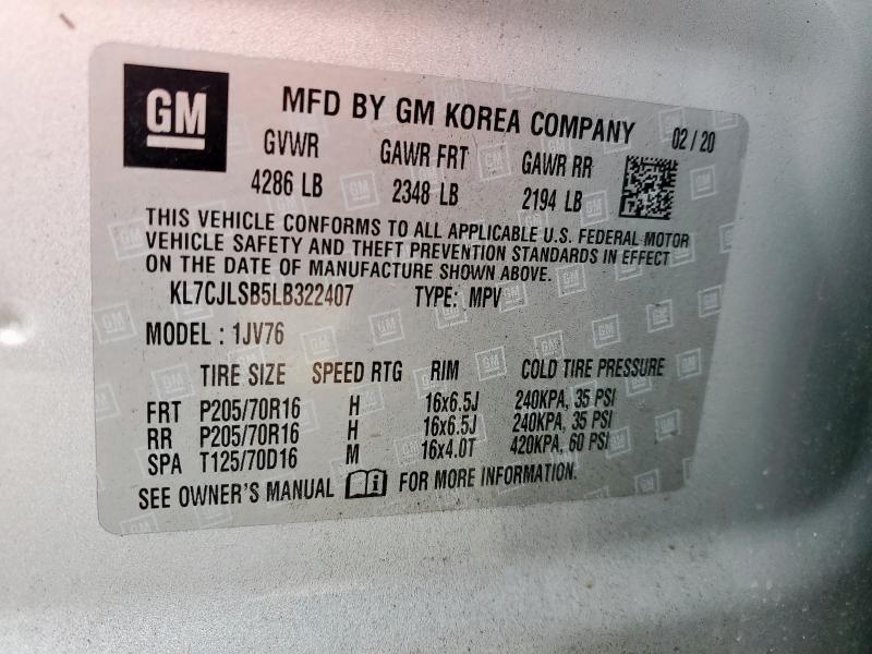 Продаж на аукціоні авто 2020 Chevrolet Trax 1lt, vin: KL7CJLSB5LB322407, номер лоту: 46355175
