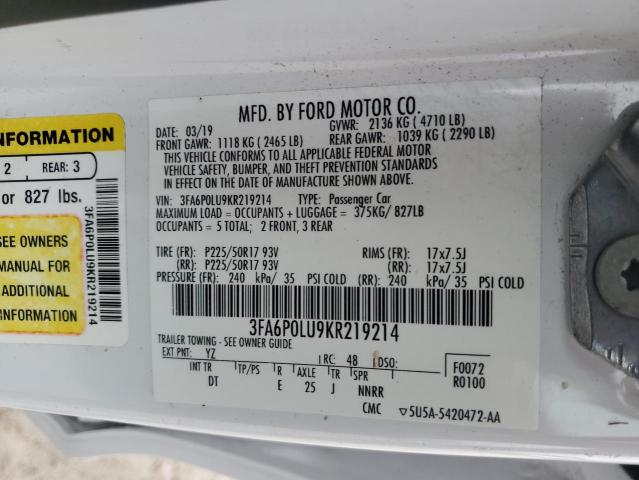 Aukcja sprzedaży 2019 Ford Fusion Se, vin: 3FA6P0LU9KR219214, numer aukcji: 43690105