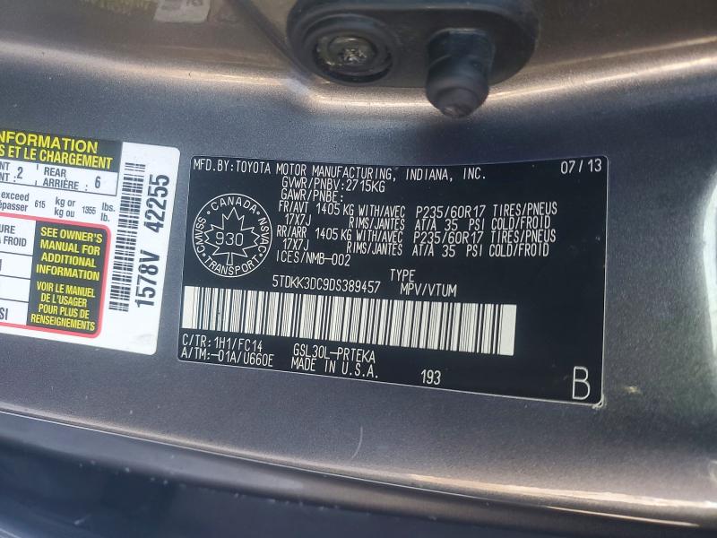 77367595 :رقم المزاد ، 5TDKK3DC9DS389457 vin ، 2013 Toyota Sienna مزاد بيع