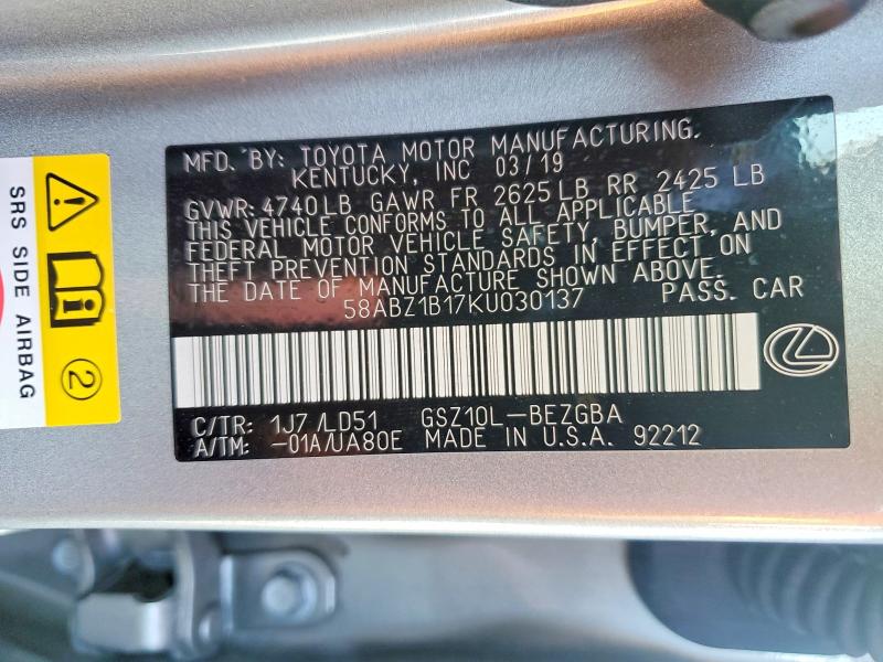 Aukcja sprzedaży 2019 Lexus Es, vin: 58ABZ1B17KU030137, numer aukcji: 75987505