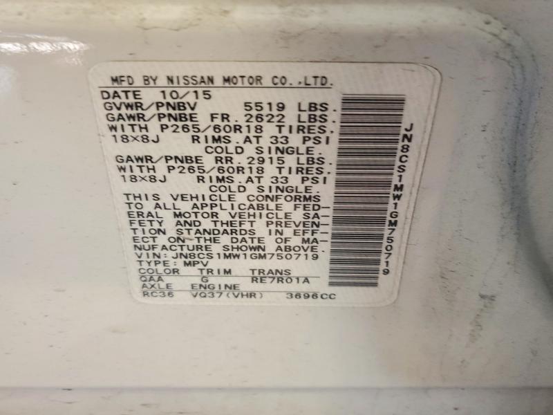 74855535 :رقم المزاد ، JN8CS1MW1GM750719 vin ، 2016 Infiniti Qx70 مزاد بيع