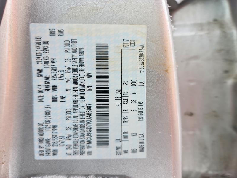 2019 Ford Escape მანქანა იყიდება აუქციონზე, vin: 1FMCU9GD7KUA86087, აუქციონის ნომერი: 75653115
