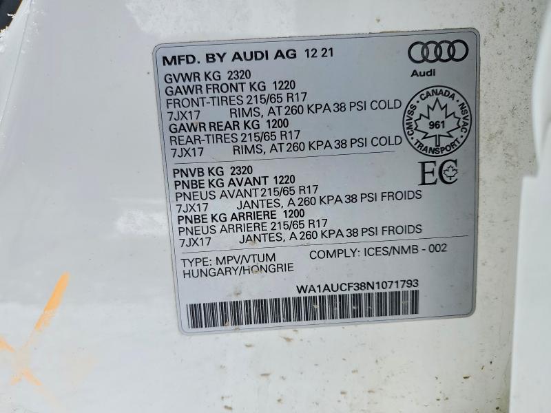 Продаж на аукціоні авто 2022 Audi Q3, vin: WA1AUCF38N1071793, номер лоту: 78360705