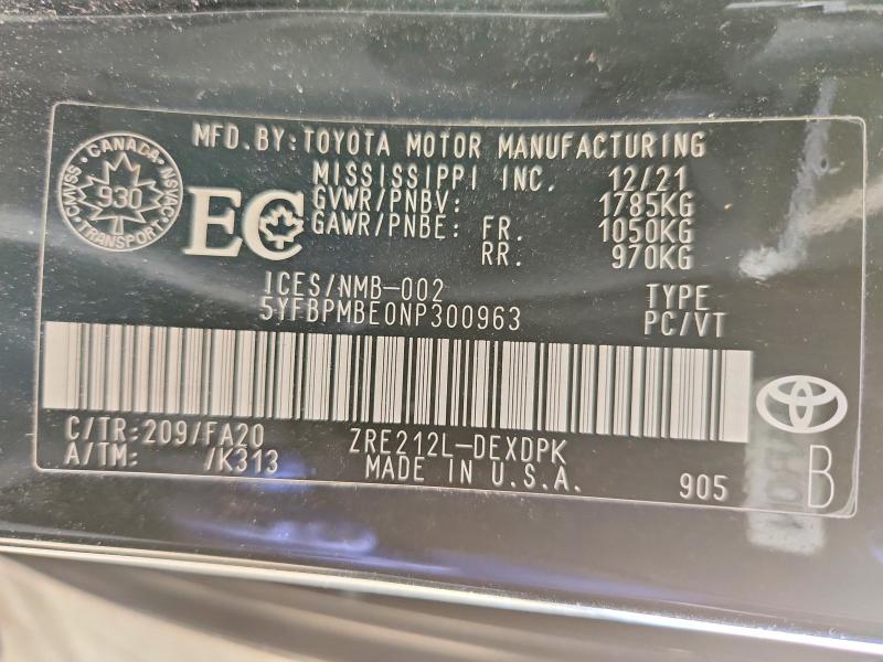 2022 Toyota Corolla მანქანა იყიდება აუქციონზე, vin: 5YFBPMBE0NP300963, აუქციონის ნომერი: 76928125