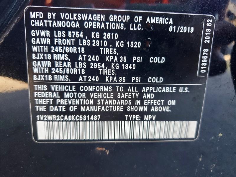 2019 Volkswagen Atlas მანქანა იყიდება აუქციონზე, vin: 1V2WR2CA0KC531487, აუქციონის ნომერი: 76415745