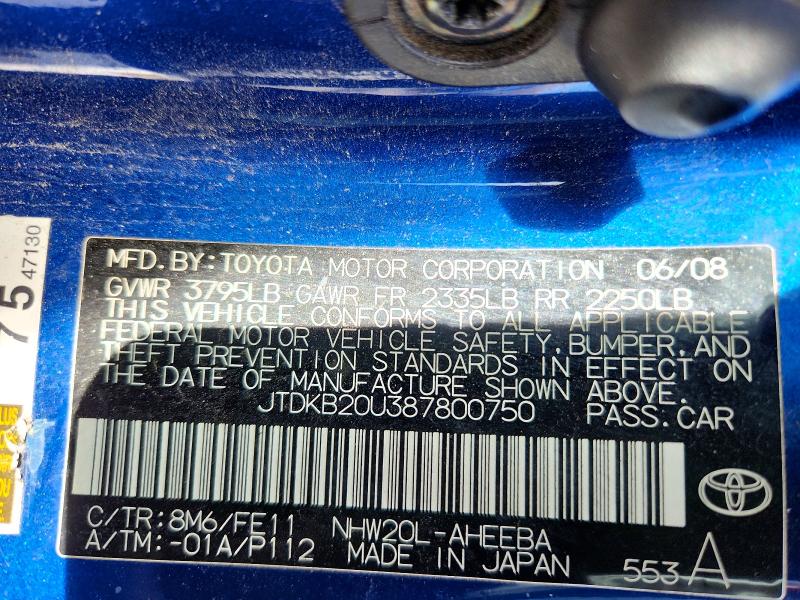 Aukcja sprzedaży 2008 Toyota Prius, vin: JTDKB20U387800750, numer aukcji: 78510395