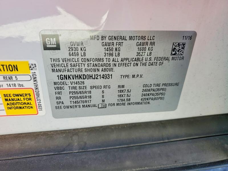 Auction sale of the 2017 Chevrolet Traverse, vin: 1GNKVHKD0HJ214931, lot number: 48568406