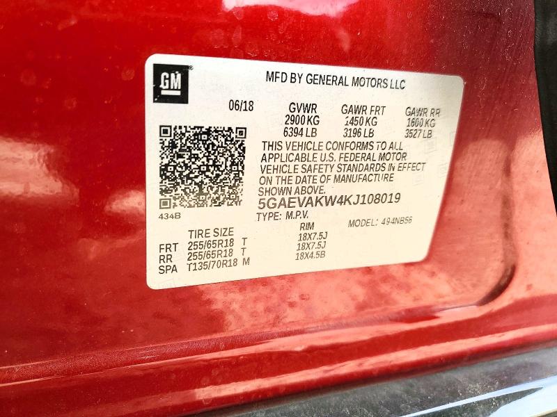 78563435 :رقم المزاد ، 5GAEVAKW4KJ108019 vin ، 2019 Buick Enclave مزاد بيع