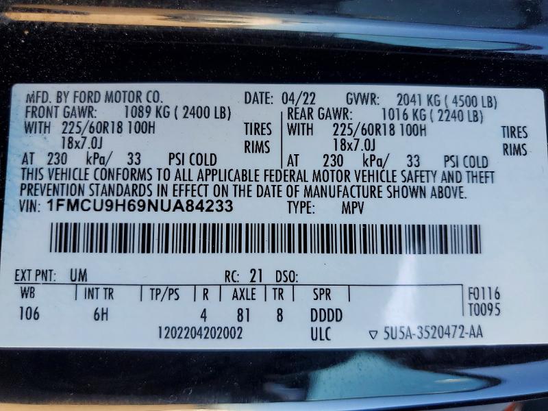 Aukcja sprzedaży 2022 Ford Escape, vin: 1FMCU9H69NUA84233, numer aukcji: 76192375
