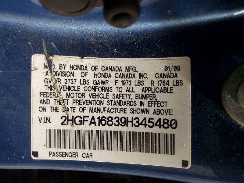 Продаж на аукціоні авто 2009 Honda Civic, vin: 2HGFA16839H345480, номер лоту: 78233825