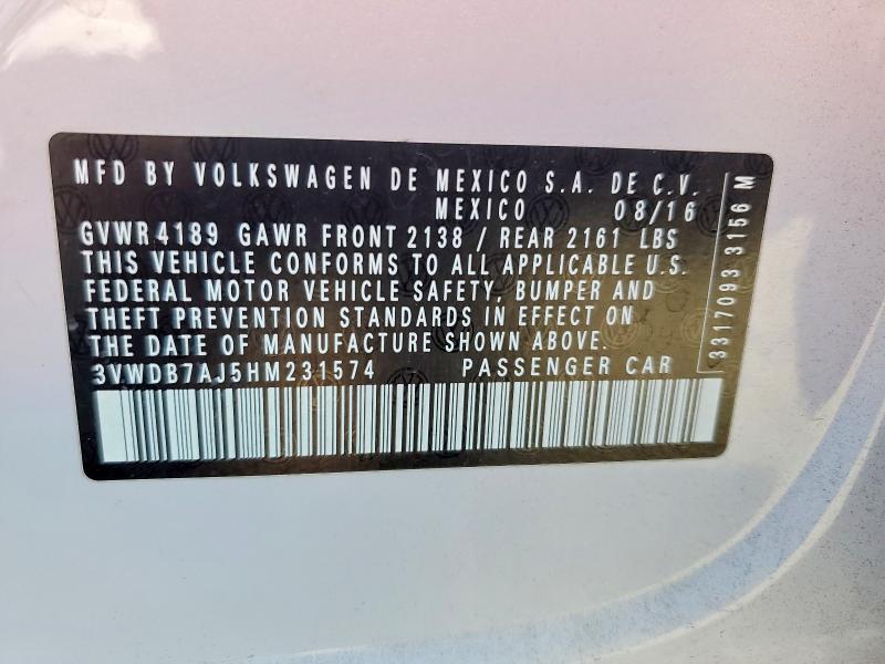 2017 Volkswagen Jetta მანქანა იყიდება აუქციონზე, vin: 3VWDB7AJ5HM231574, აუქციონის ნომერი: 77177305