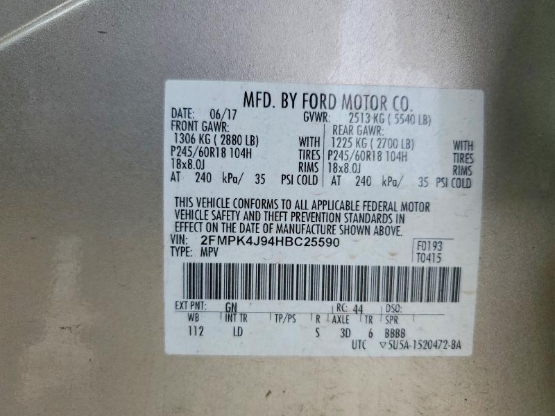 78797325 :رقم المزاد ، 2FMPK4J94HBC25590 vin ، 2017 Ford Edge مزاد بيع