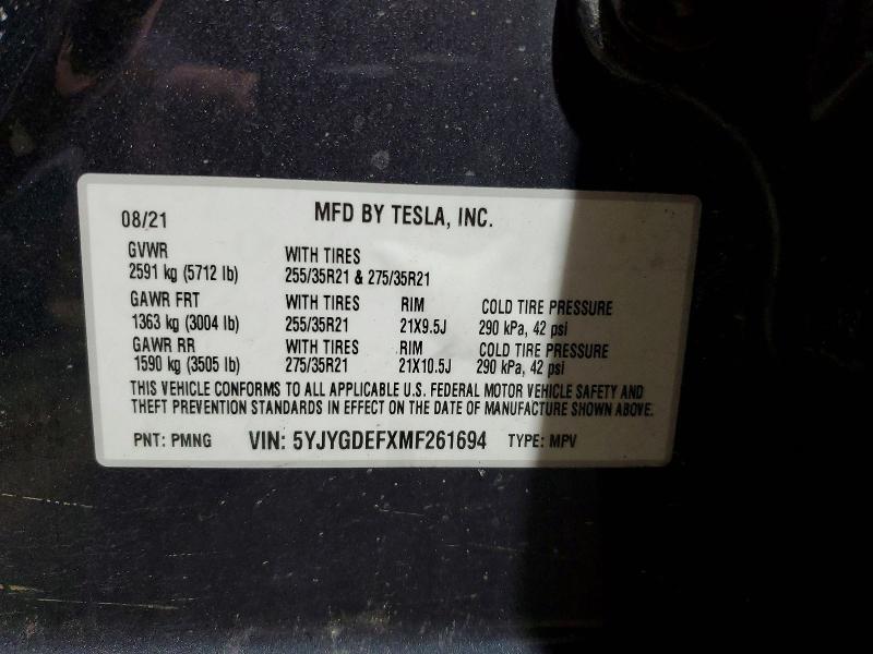 2021 Tesla Model Y მანქანა იყიდება აუქციონზე, vin: 5YJYGDEFXMF261694, აუქციონის ნომერი: 76156765