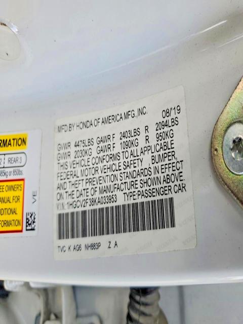 77166465 :رقم المزاد ، 1HGCV2F38KA033953 vin ، 2019 Honda Accord مزاد بيع