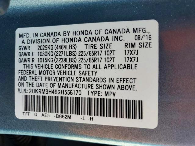 77013555 :رقم المزاد ، 2HKRM3H46GH556170 vin ، 2016 Honda Cr-v Se مزاد بيع
