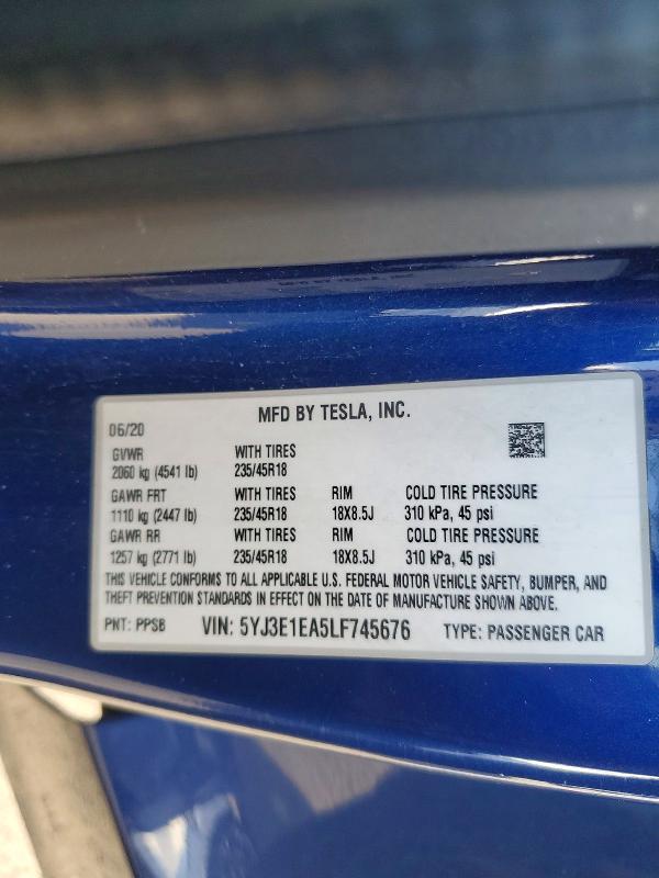 Aukcja sprzedaży 2020 Tesla Model 3, vin: 5YJ3E1EA5LF745676, numer aukcji: 77178195