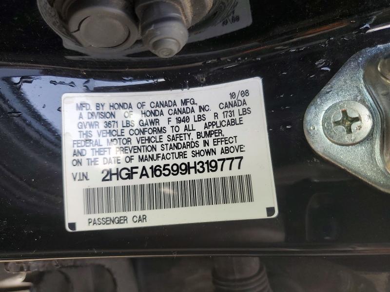 77124345 :رقم المزاد ، 2HGFA16599H319777 vin ، 2009 Honda Civic Lx مزاد بيع